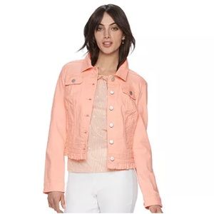 Elle “satin peach” cropped Ruffle Jean Jacket, Size S